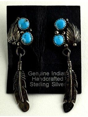 Navajo Running Bear Sterling Silver Turqouise Earrings W/ Feather Dangles